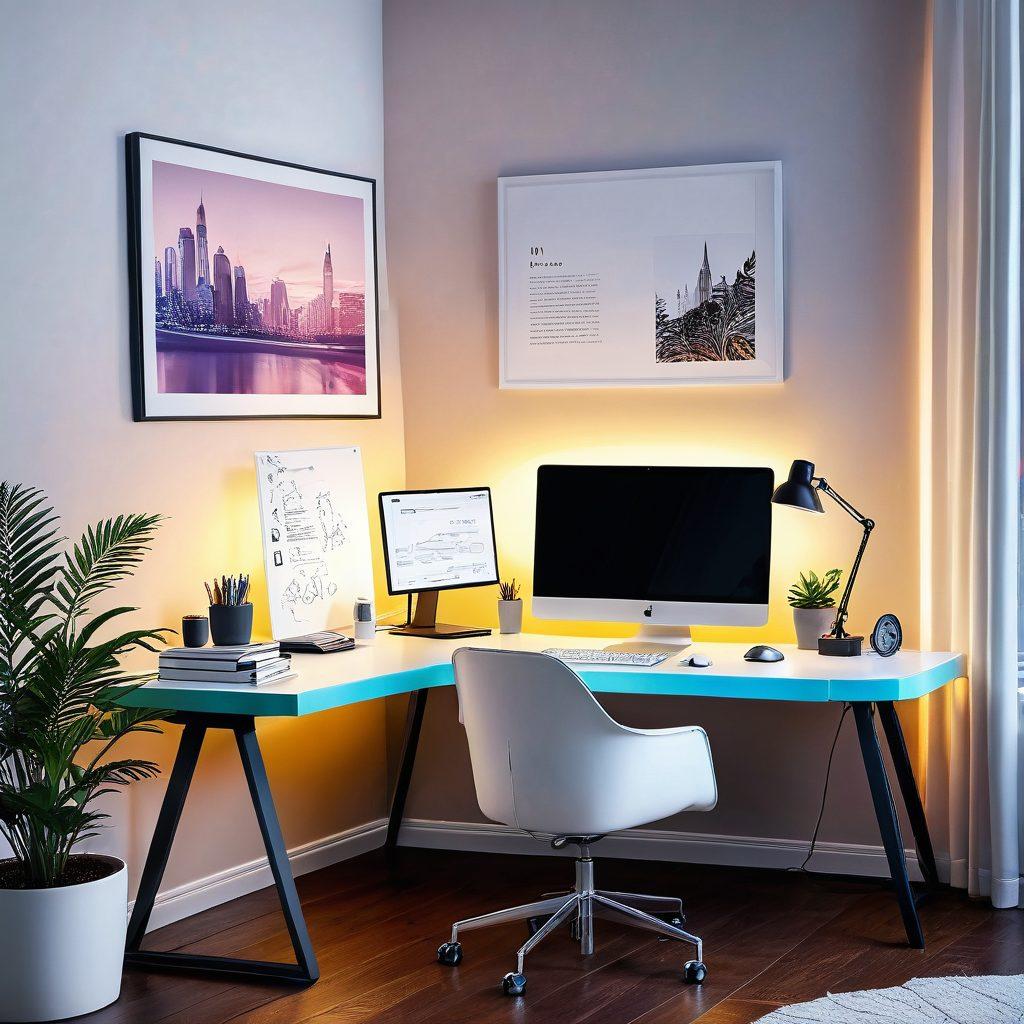 A sleek and modern workspace with a glowing computer screen displaying a beautiful, elegantly designed website, surrounded by tools and sketches. An inspiring, vibrant color palette with soft gradients, hinting at creativity and professionalism. Cozy ambient lighting and minimalist decor. super-realistic. vibrant colors. clean lines.