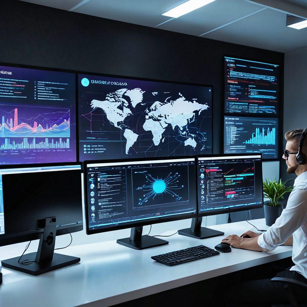 A sleek, modern office with a diverse team of web developers collaborating on a large digital screen displaying an elegant website design. The background features digital elements like coding snippets, design tools, and abstract technology graphics. Futuristic holographic UI elements floating around. vibrant colors. super-realistic.